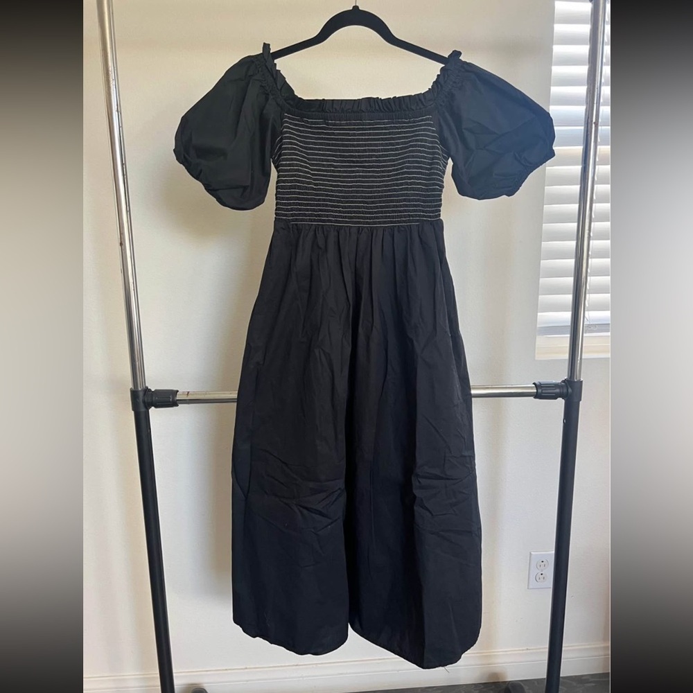 Cottagecore Prairie Romantic Whimsigoth Black Puff Sleeve Ren Faire Midi Dress S